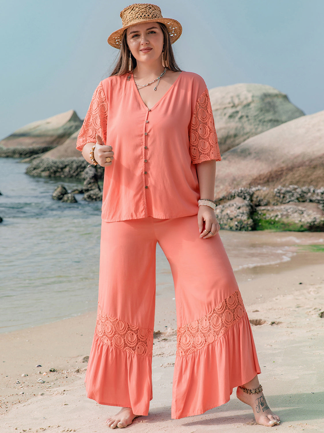 Plus Size Button Up Half Sleeve Top and Pants Set-Jewearrings