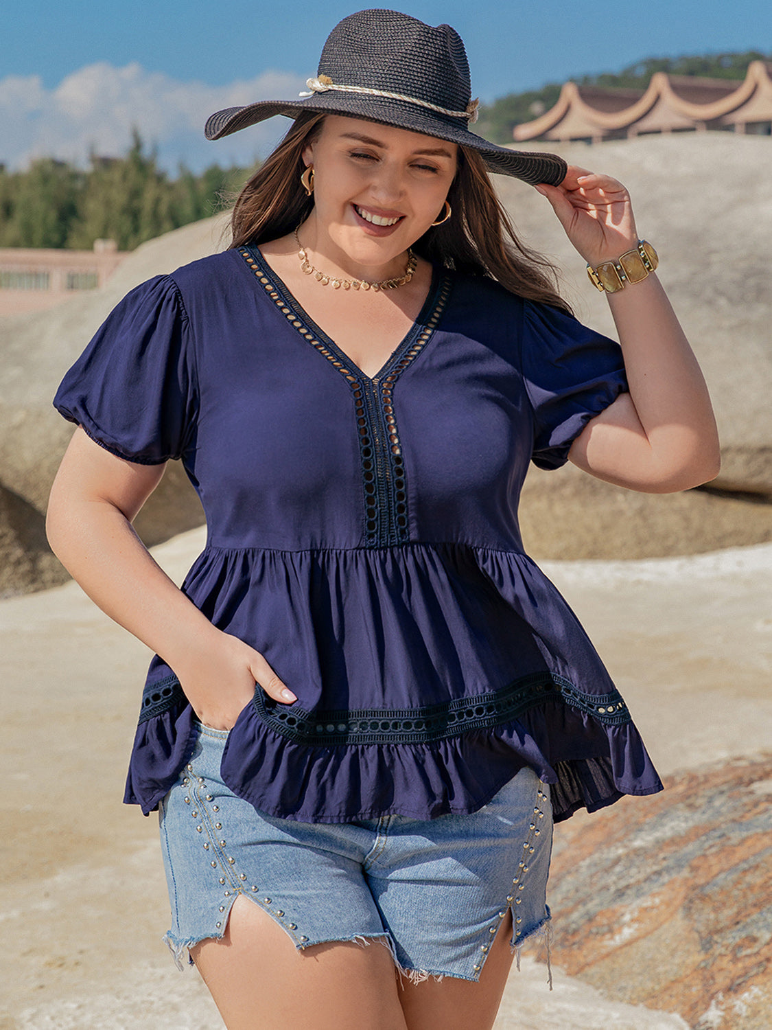 Plus Size Peplum V-Neck Short Sleeve Blouse-Jewearrings