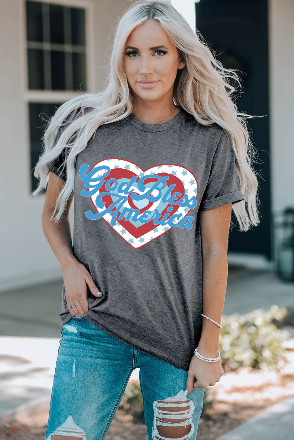 GOD BLESS AMERICA Heart Graphic T-Shirt-Jewearrings