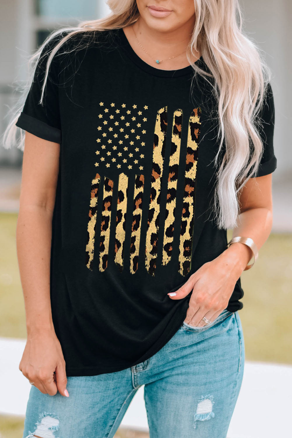 Stars and Stripes Graphic Round Neck Tee-Jewearrings