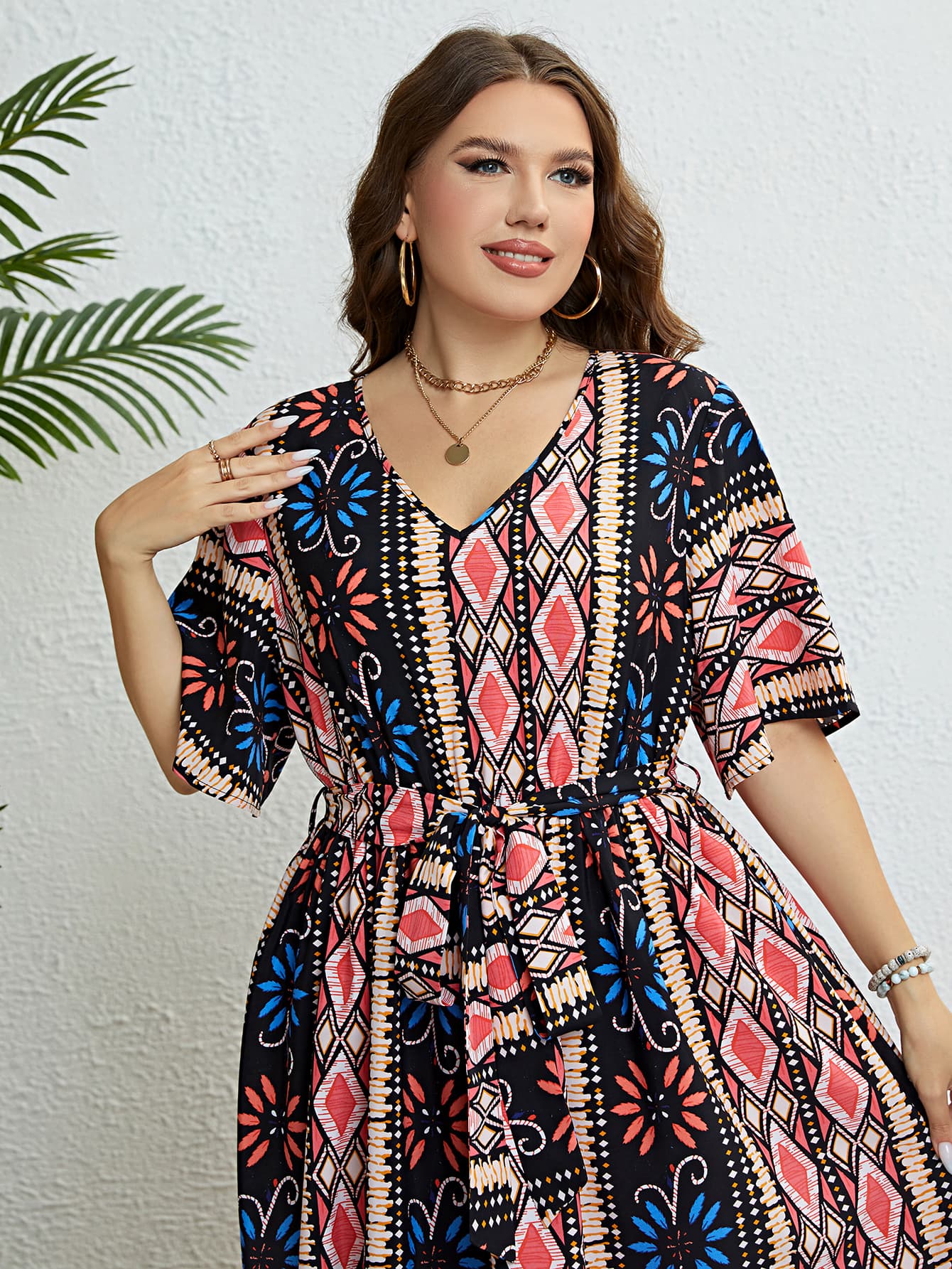 Plus Size Bohemian V-Neck Tie Belt Midi Dress-Jewearrings