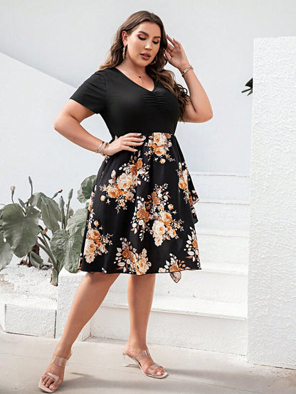 Plus Size Printed Ruched V-Neck Short Sleeve Dress-Jewearrings