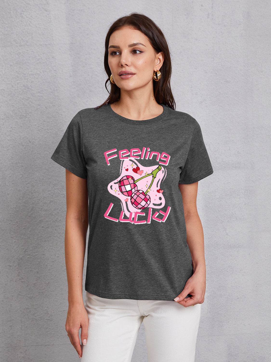 FEELING LUCKY Round Neck Short Sleeve T-Shirt-Jewearrings