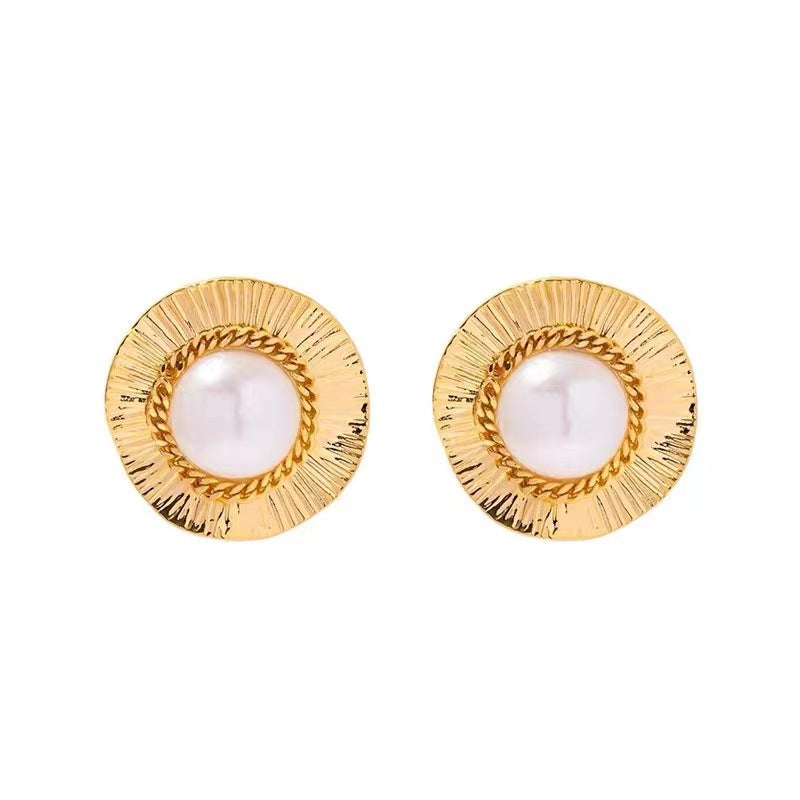 Retro Semicircle Pearl Stud Silver Needle Exaggerated Earrings-Jewearrings