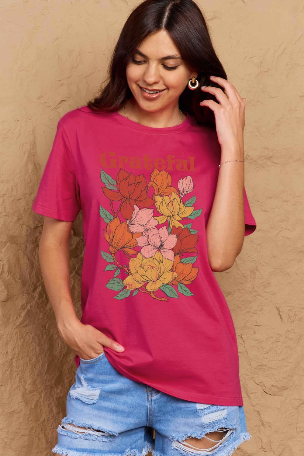 Simply Love Full Size GRATEFUL Flower Graphic Cotton T-Shirt-Jewearrings