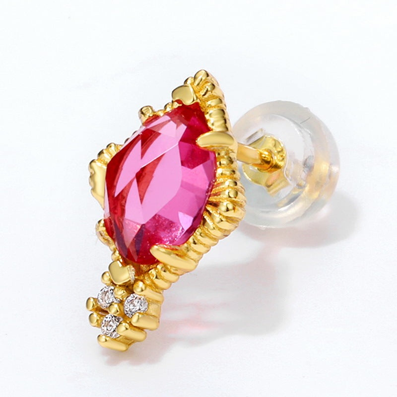 Synthetic Ruby Stud Female 925 Silver 9K Gold Plated Geometric Retro Earrings-Jewearrings