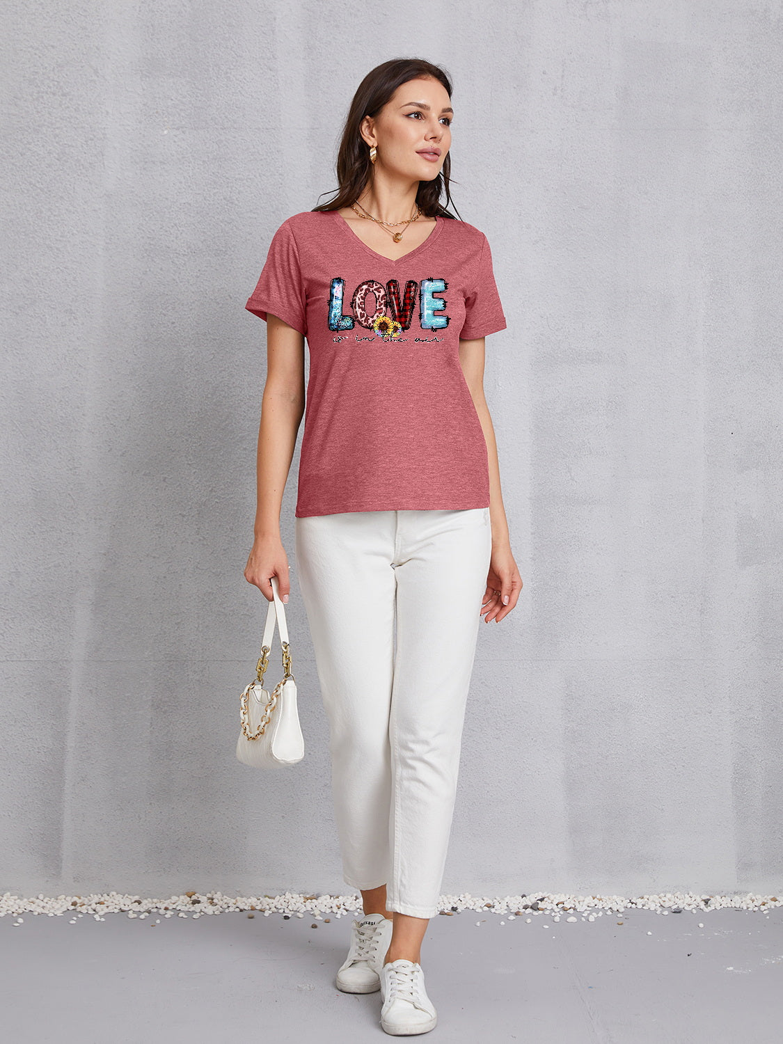 Letter Graphic V-Neck Short Sleeve T-Shirt-Jewearrings