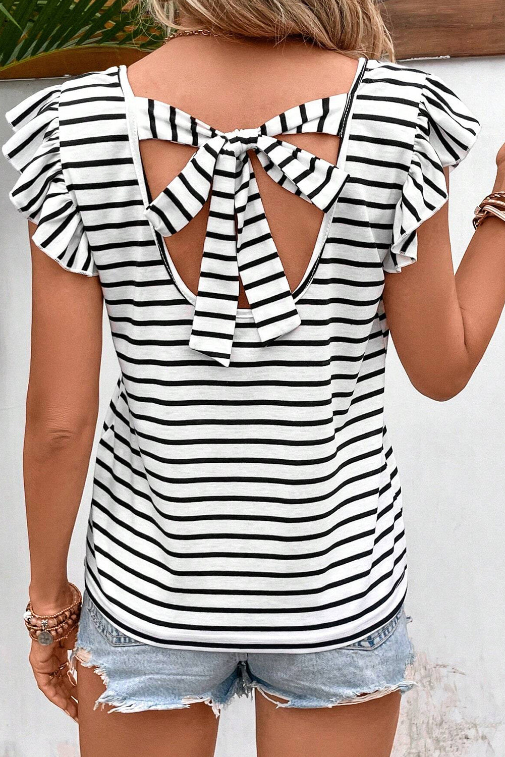 Tied Striped V-Neck Cap Sleeve T-Shirt-Jewearrings