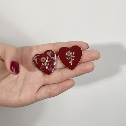 Silver Needle Retro Red Peach Heart Stud Earrings New-Jewearrings