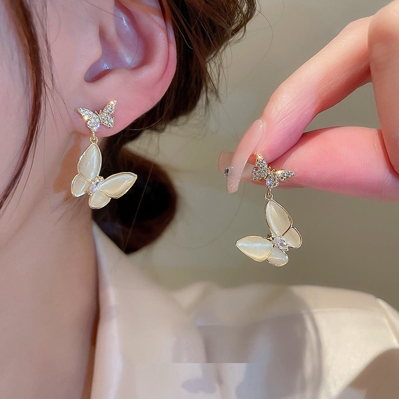 Silver Needle Opal Zircon Butterfly Earrings-Jewearrings