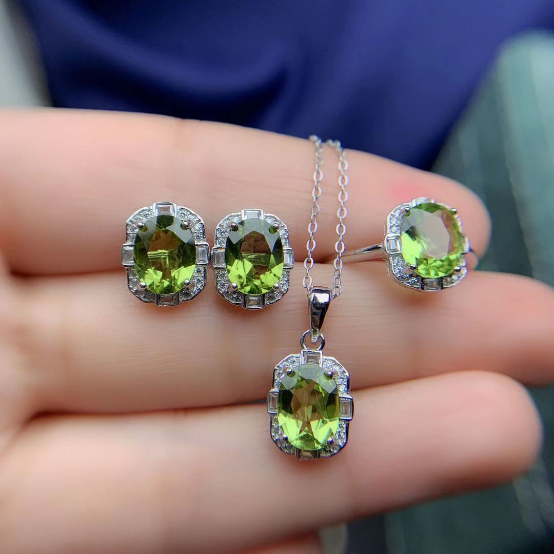 Natural Olivine Set 925 Silver Inlaid Rings Pendants Stud Earrings Three-piece Set-Jewearrings