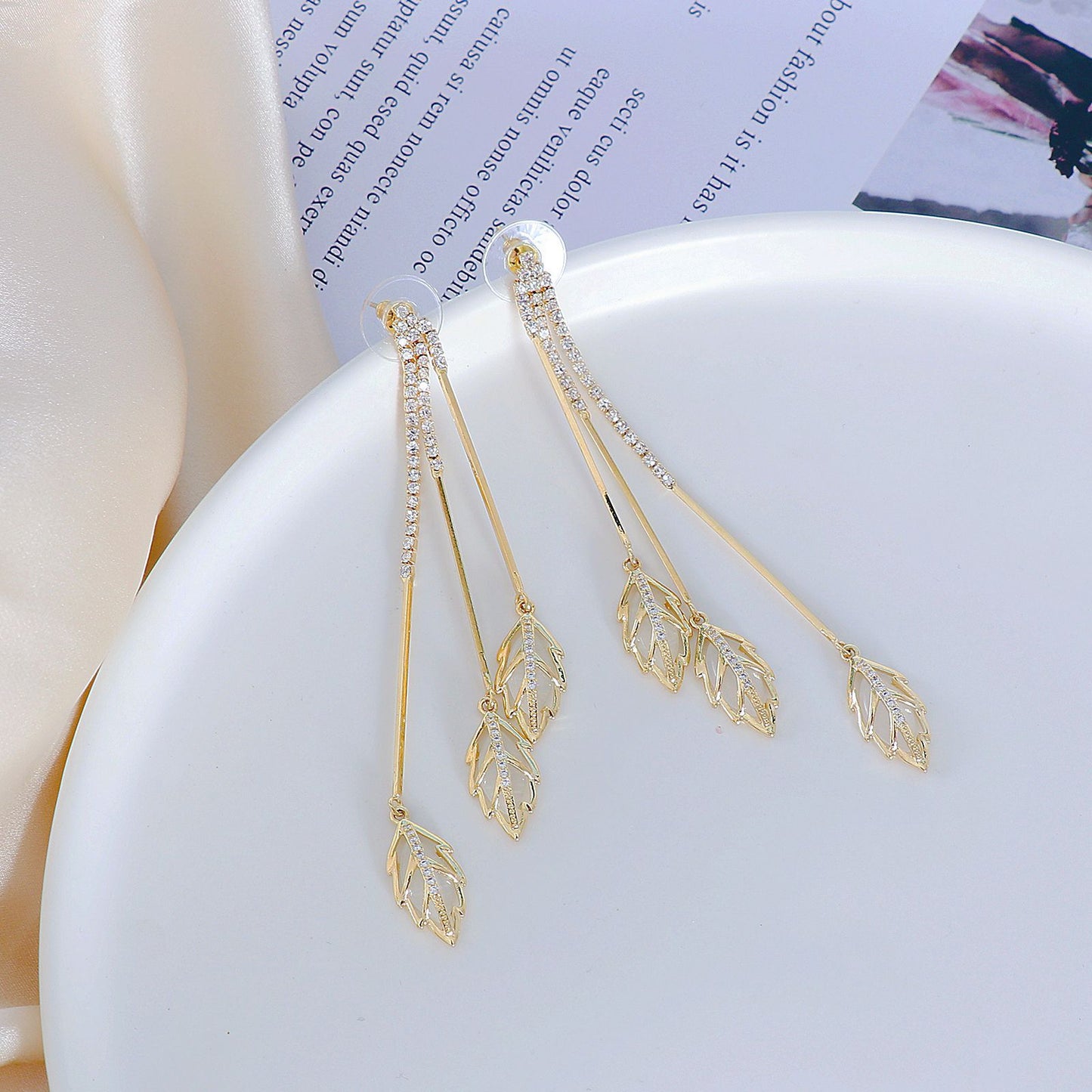 JURAN S925 Gold Plated Niche Design Simple Graceful Female Stud Earrings Leaf Tassel Stud Earrings Fairy Mori Style-Jewearrings