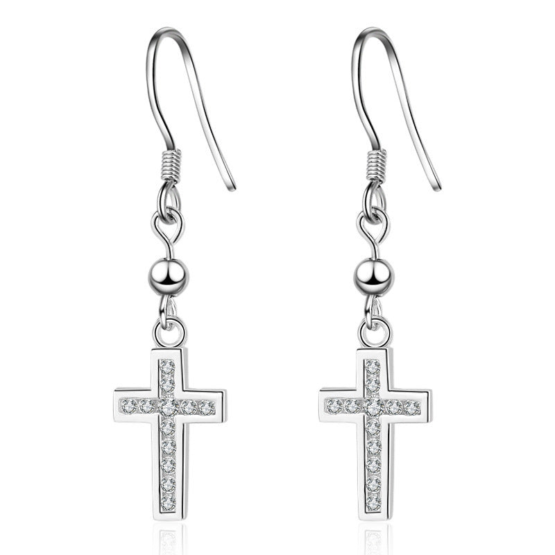 Classic Cross Ear Hook Earrings In Sterling Silver-Jewearrings