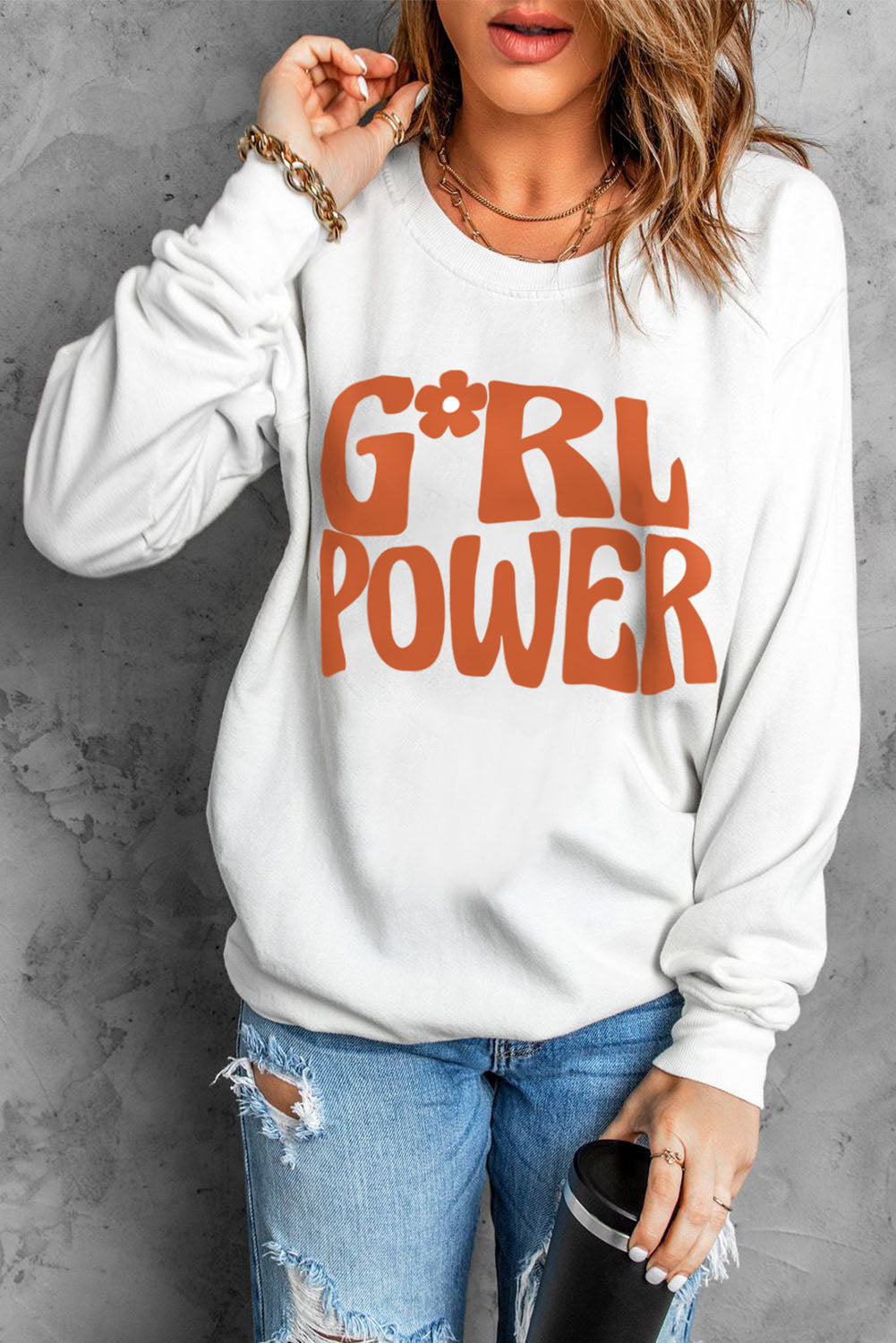 GIRL POWER Graphic Round Neck Sweatshirt-Jewearrings