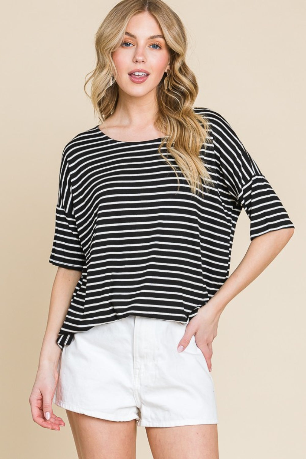 BOMBOM Striped Round Neck T-Shirt-Jewearrings