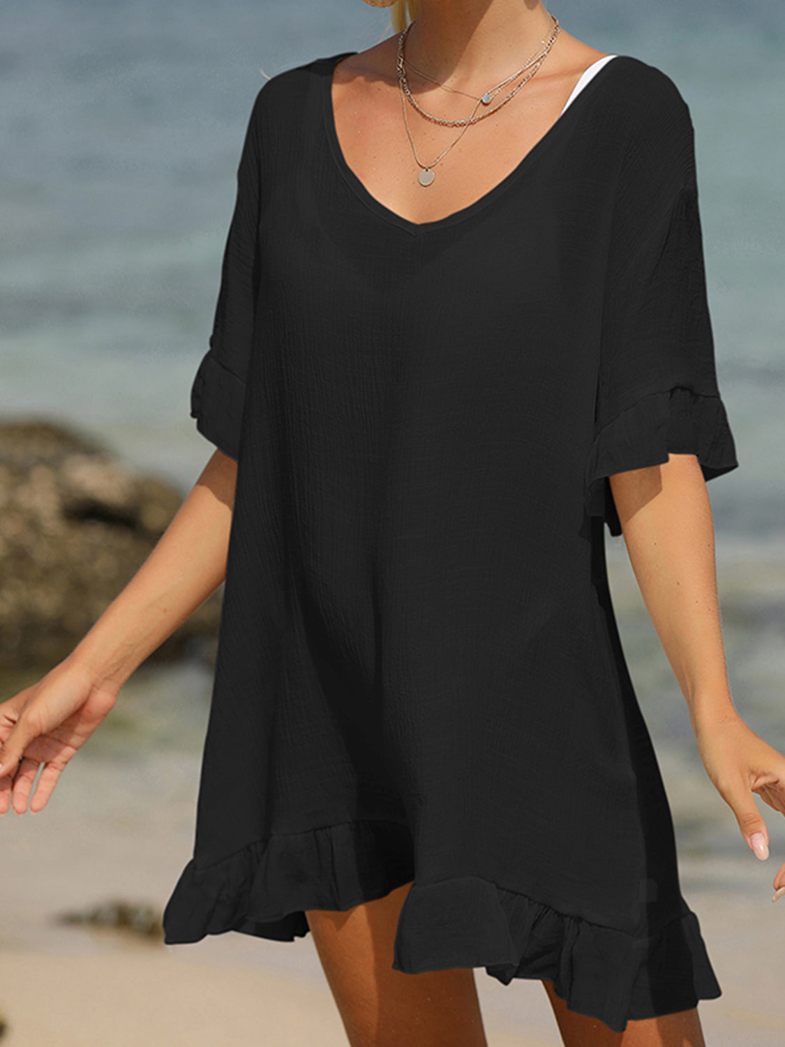 Tied Ruffled Half Sleeve Cover-Up-Jewearrings