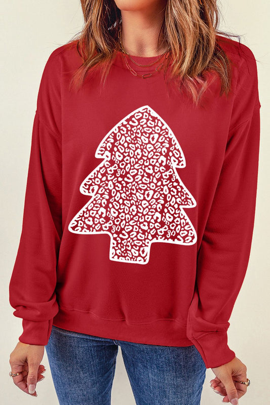 Christmas Tree Graphic Round Neck Sweatshirt-Jewearrings