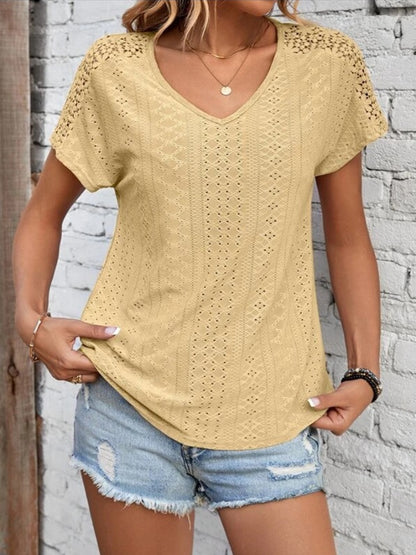 Eyelet V-Neck Short Sleeve T-Shirt-Jewearrings