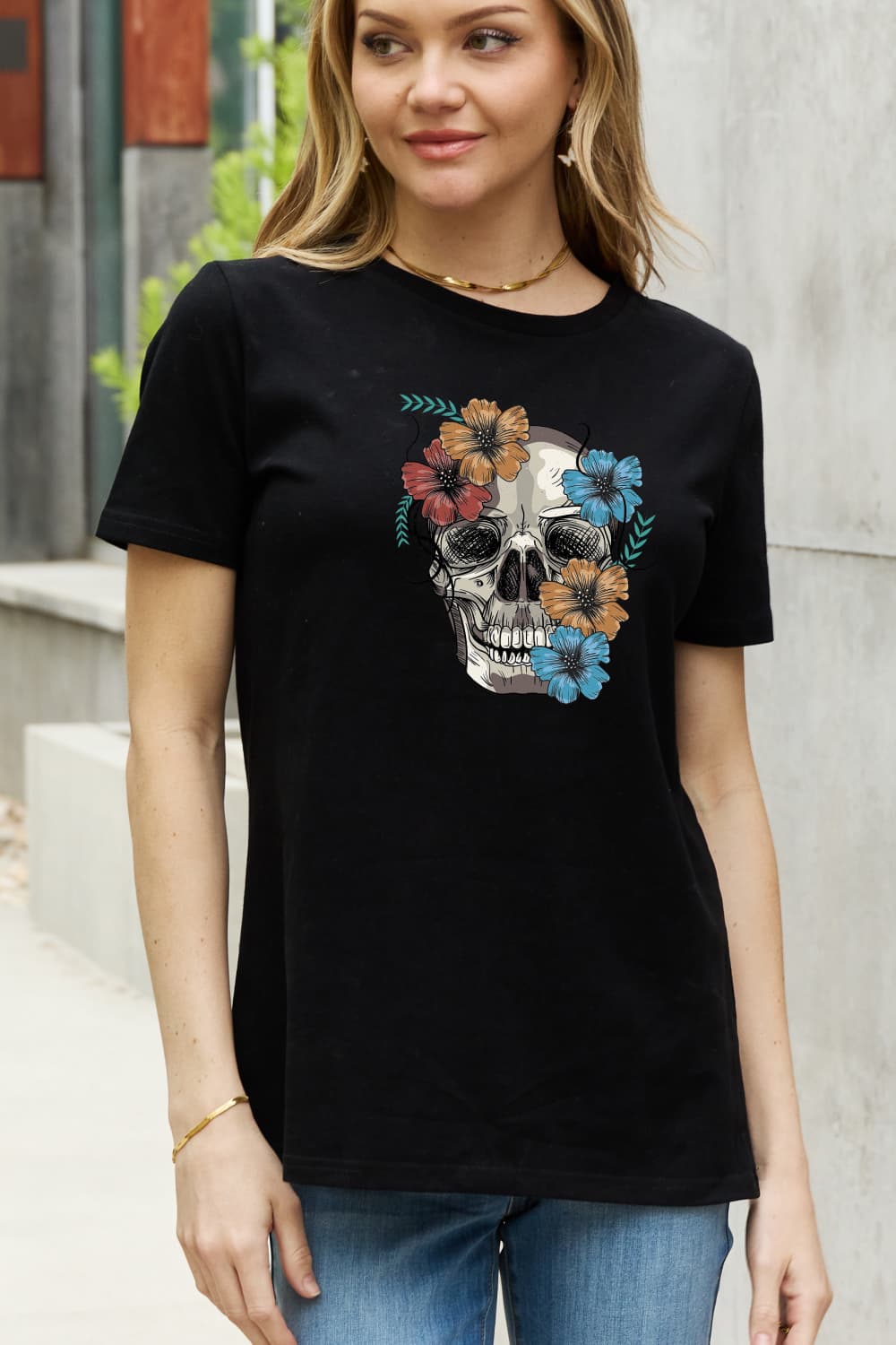 Simply Love Full Size Flower Skull Graphic Cotton Tee-Jewearrings