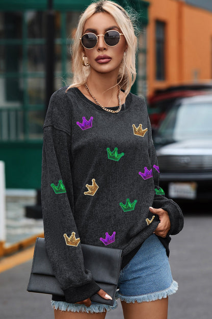 Crown Sequin Round Neck Sweatshirt-Jewearrings