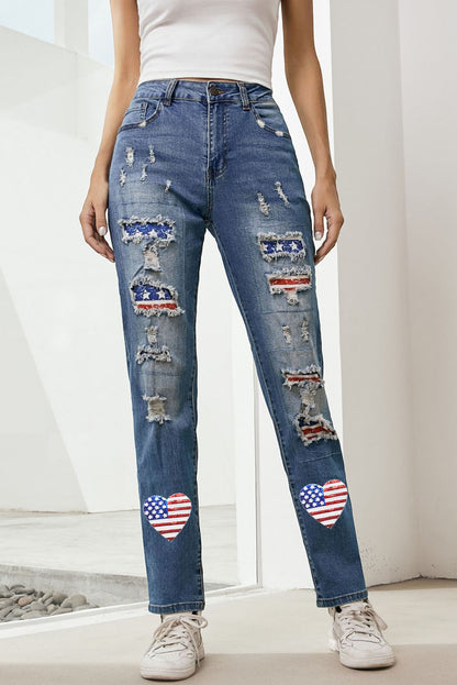 US Flag Distressed Straight Jeans-Jewearrings