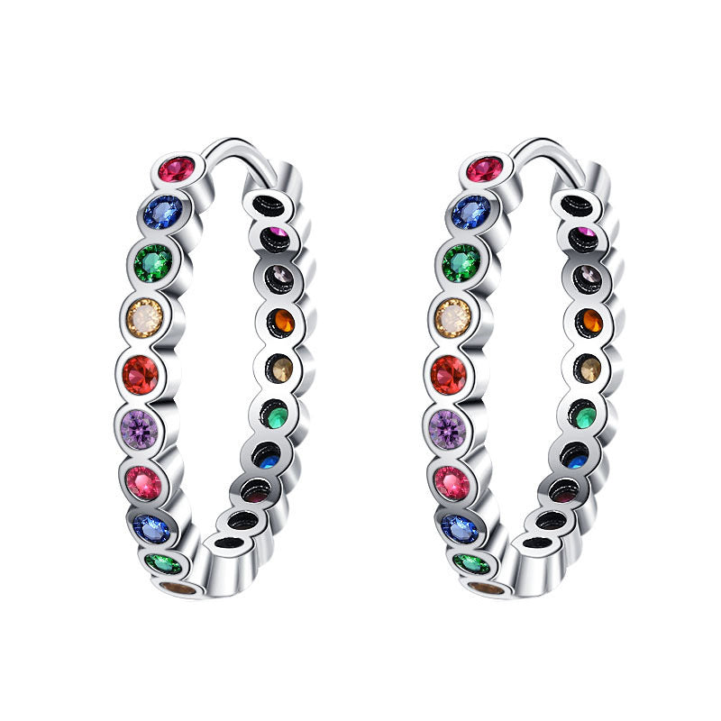 S925 Sterling Silver Large Circle Colorful Zircon Earrings Female-Jewearrings