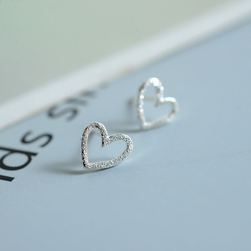 S925 Sterling Silver Earrings Hollow Frosted Heart-shaped Ear Studs-Jewearrings