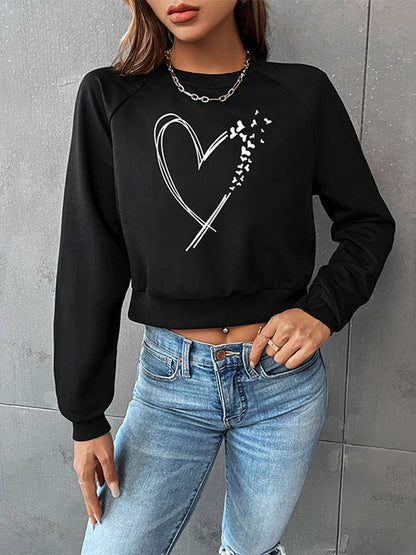 Round Neck Raglan Sleeve Heart Graphic Sweatshirt-Jewearrings