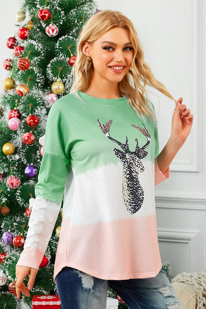 Reindeer Graphic Color Block Long Sleeve T-Shirt-Jewearrings