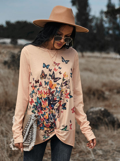 Butterflies Print Long Sleeve Round Neck Tee-Jewearrings