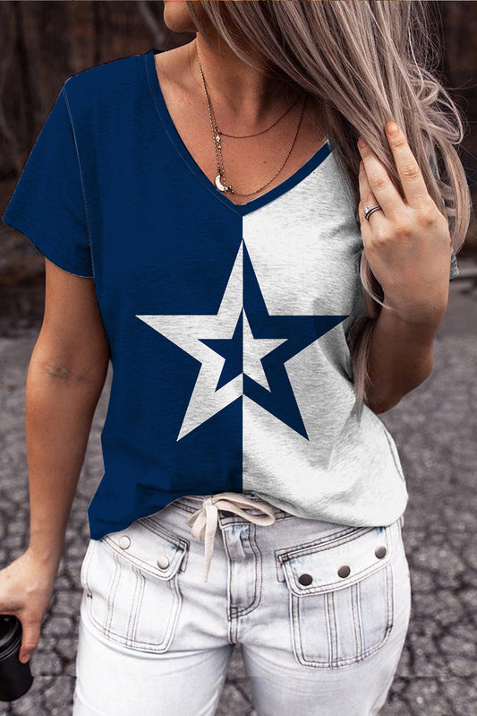 Star Contrast V-Neck Short Sleeve T-Shirt-Jewearrings