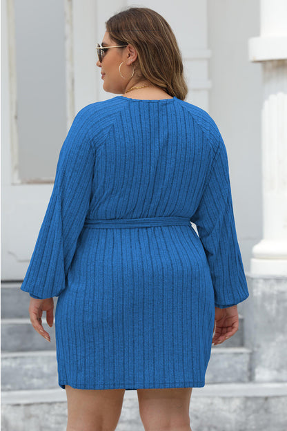 Plus Size Ribbed Tie Front Long Sleeve Sweater Dress-Jewearrings