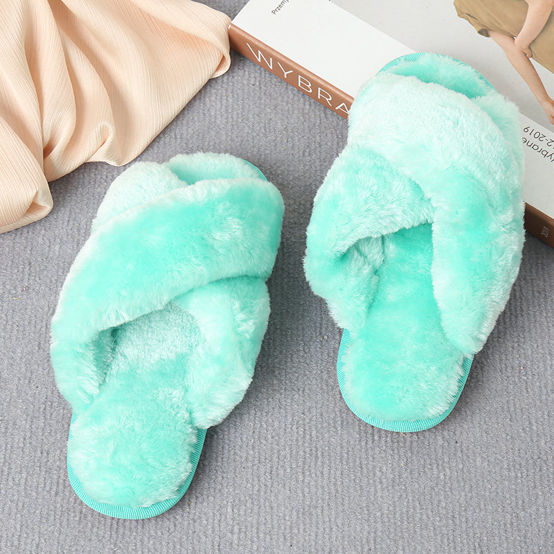 Faux Fur Crisscross Strap Slippers-Jewearrings