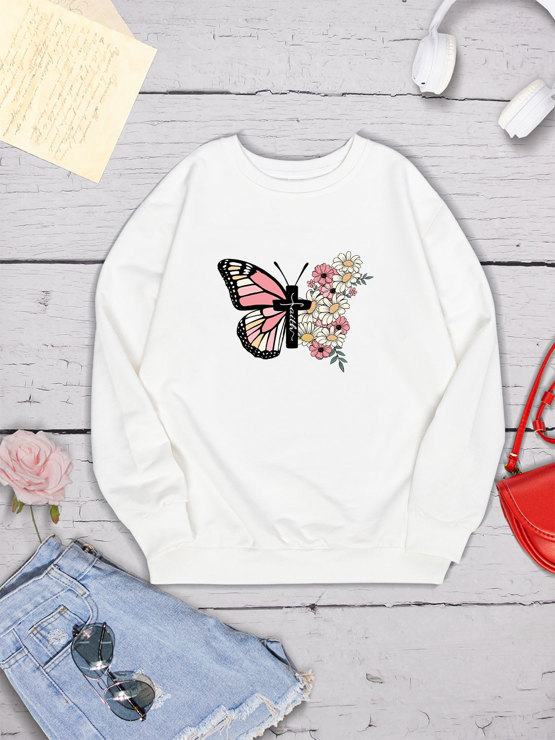 Butterfly Round Neck Dropped Shoulder Sweatshirt-Jewearrings