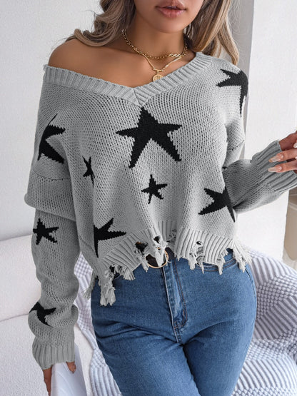 Star Pattern Distressed V-Neck Cropped Sweater-Jewearrings