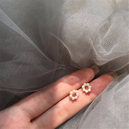 Mini Pearl Geometric Circle Stud Earrings Cold Wind Earrings-Jewearrings