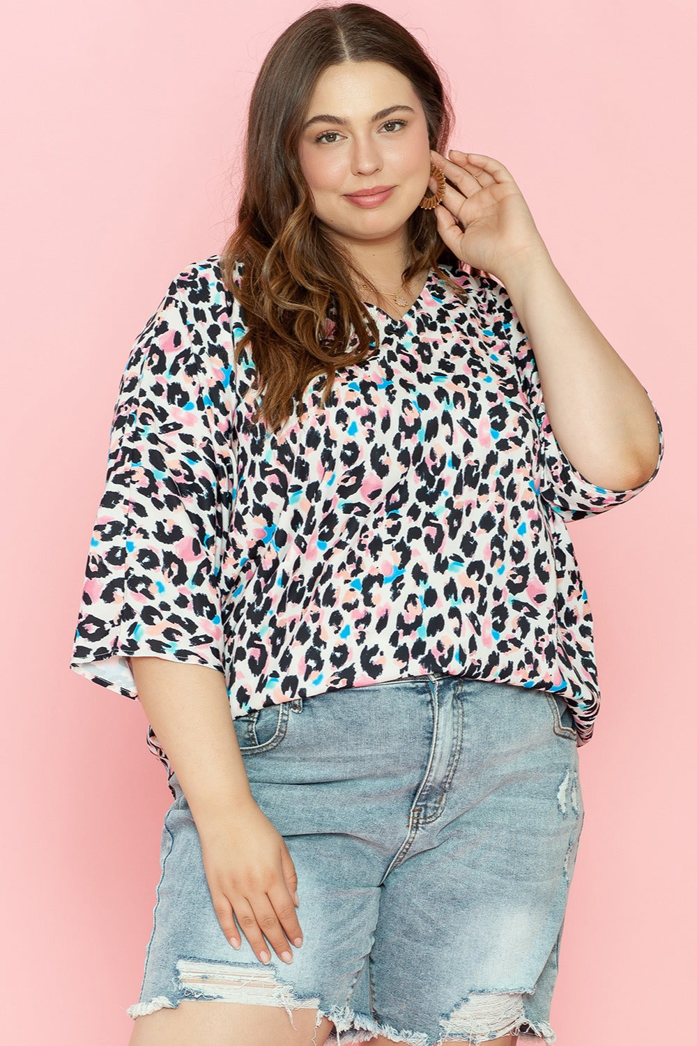 Plus Size Leopard V-Neck Three-Quarter Sleeve Blouse-Jewearrings