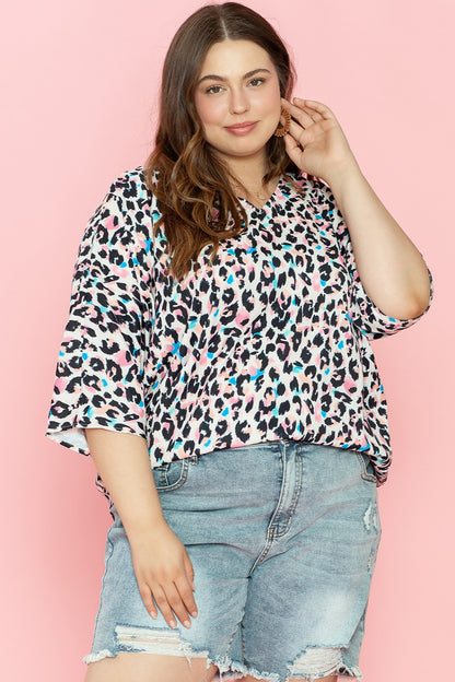 Plus Size Leopard V-Neck Three-Quarter Sleeve Blouse-Jewearrings