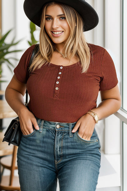 Plus Size Half Button Short Sleeve T-Shirt-Jewearrings