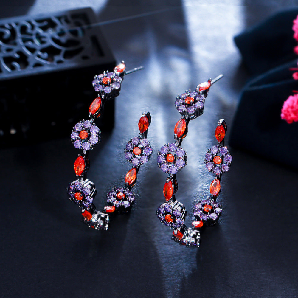 Silver Needle Gun Black Zircon Color Flower Hoop Earrings-Jewearrings