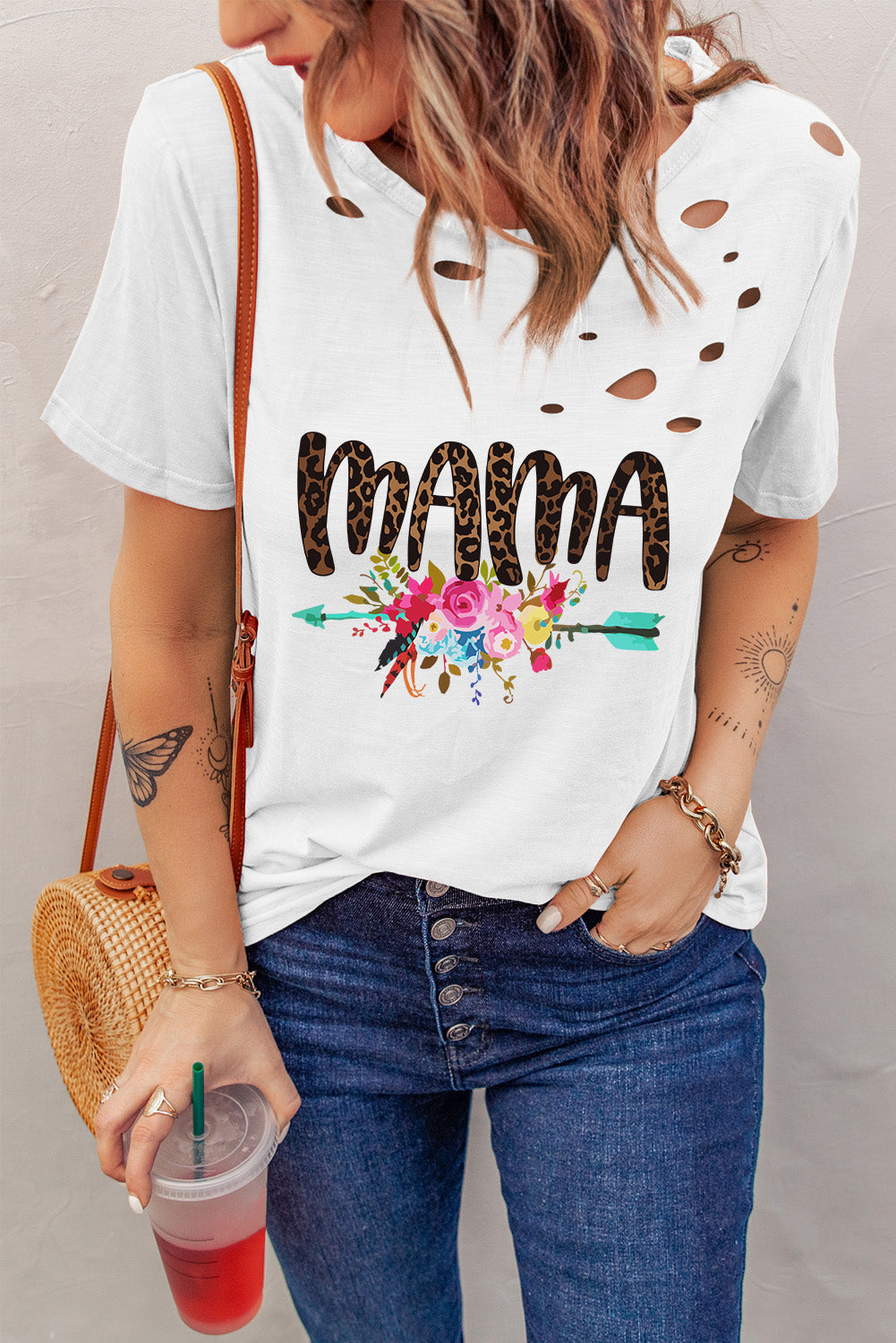 MAMA Graphic Distressed Round Neck Tee-Jewearrings