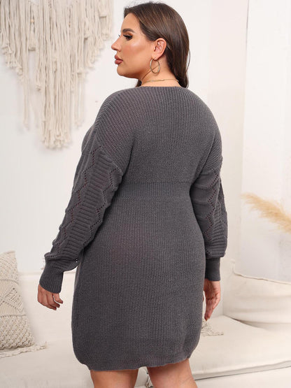 Plus Size Dropped Shoulder Long Sleeve Knit Mini Dress-Jewearrings