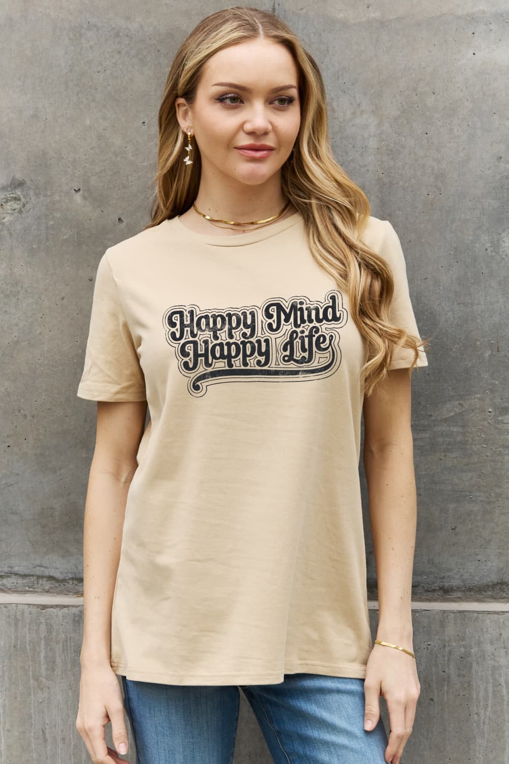 Simply Love Full Size HAPPY MIND HAPPY LIFE Graphic Cotton Tee-Jewearrings