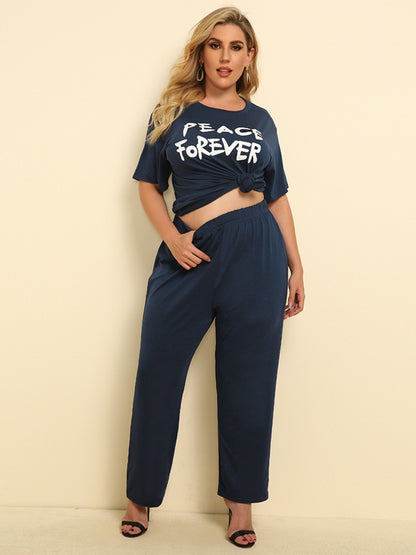 Plus Size PEACE FOREVER Short Sleeve Top and Pants Set-Jewearrings