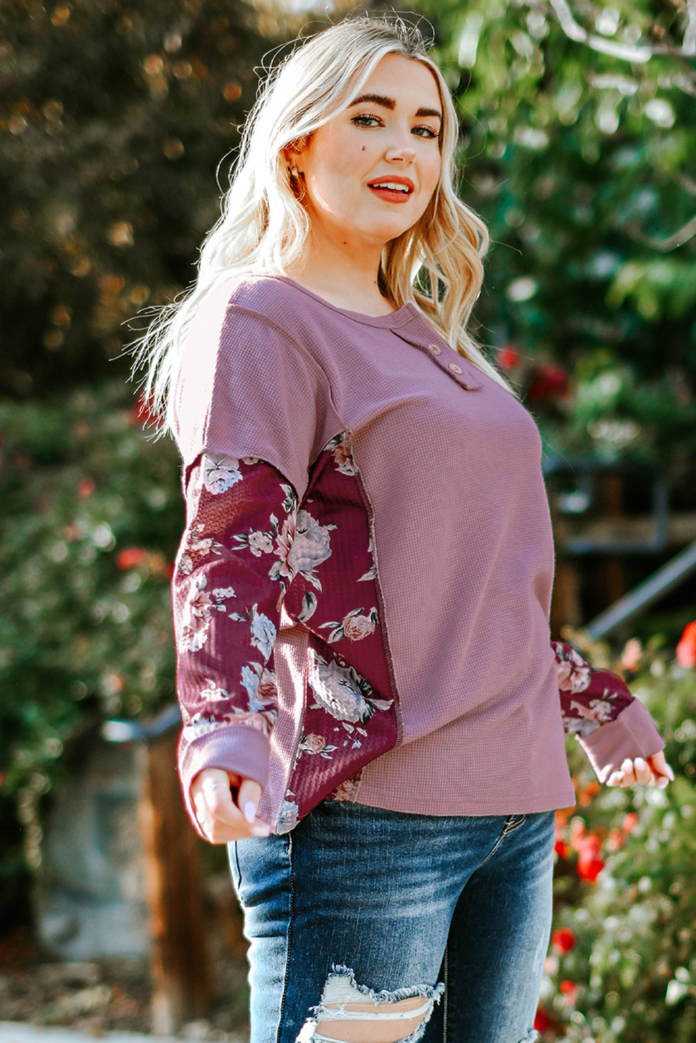 Plus Size Floral Exposed Seam Quarter-Button Henley Top-Jewearrings