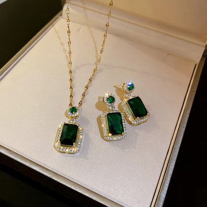 925 Silver Needle Zircon Emerald Crystal Earrings Necklace Set Clavicle Chain-Jewearrings