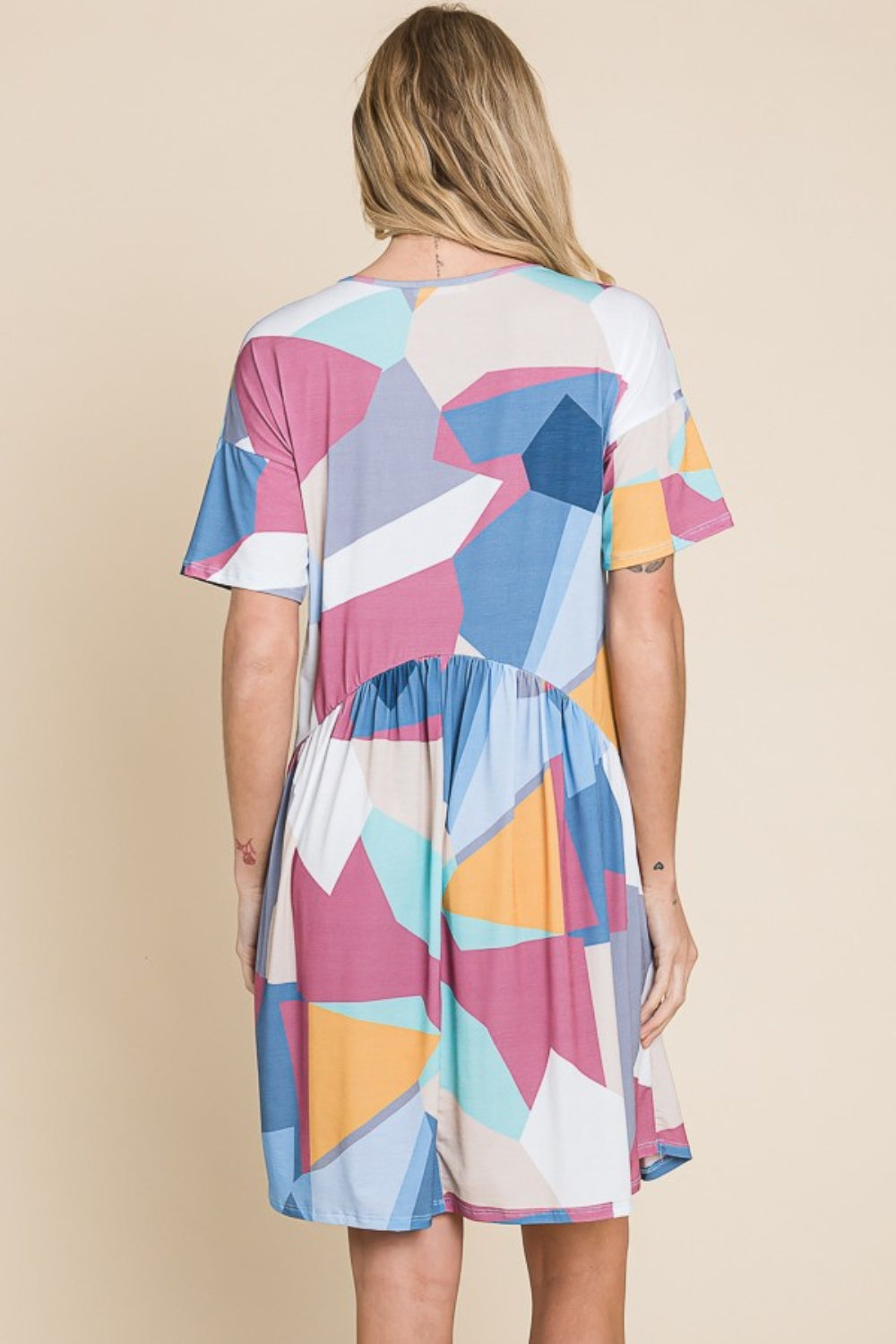 BOMBOM Ruched Color Block Short Sleeve Dress-Jewearrings