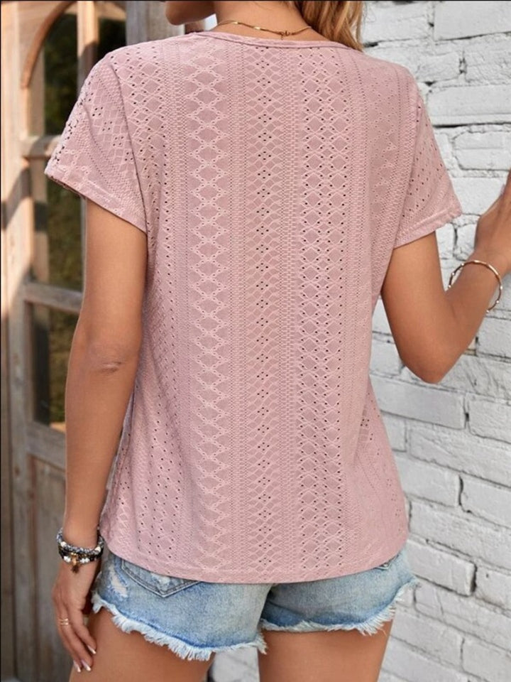 Eyelet V-Neck Short Sleeve T-Shirt-Jewearrings