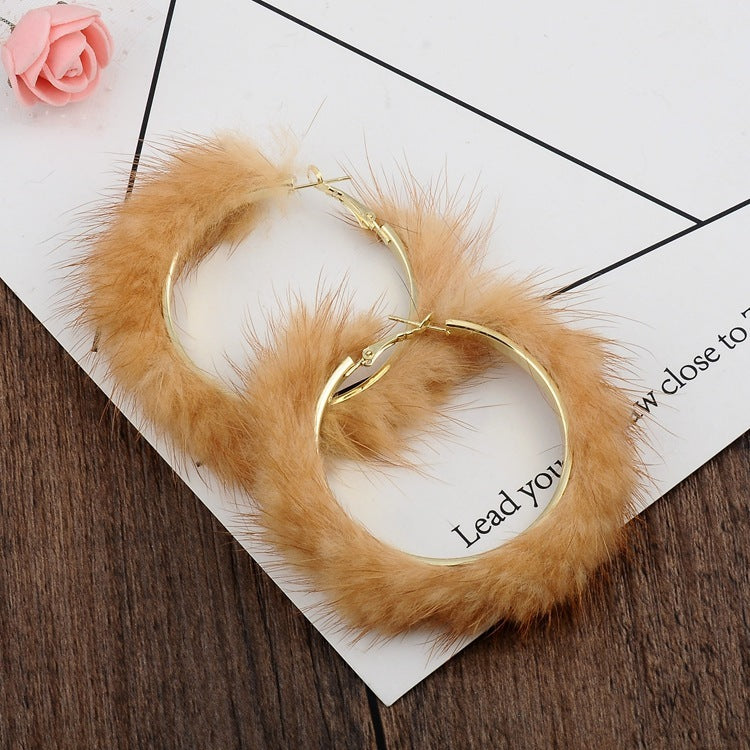 Mink Fur Large Circle Round Ear Hoop Earrings-Jewearrings