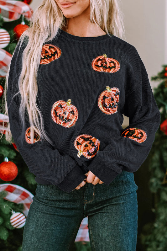 Sequin Patch Pumpkin Round Neck Sweatshirt-Jewearrings